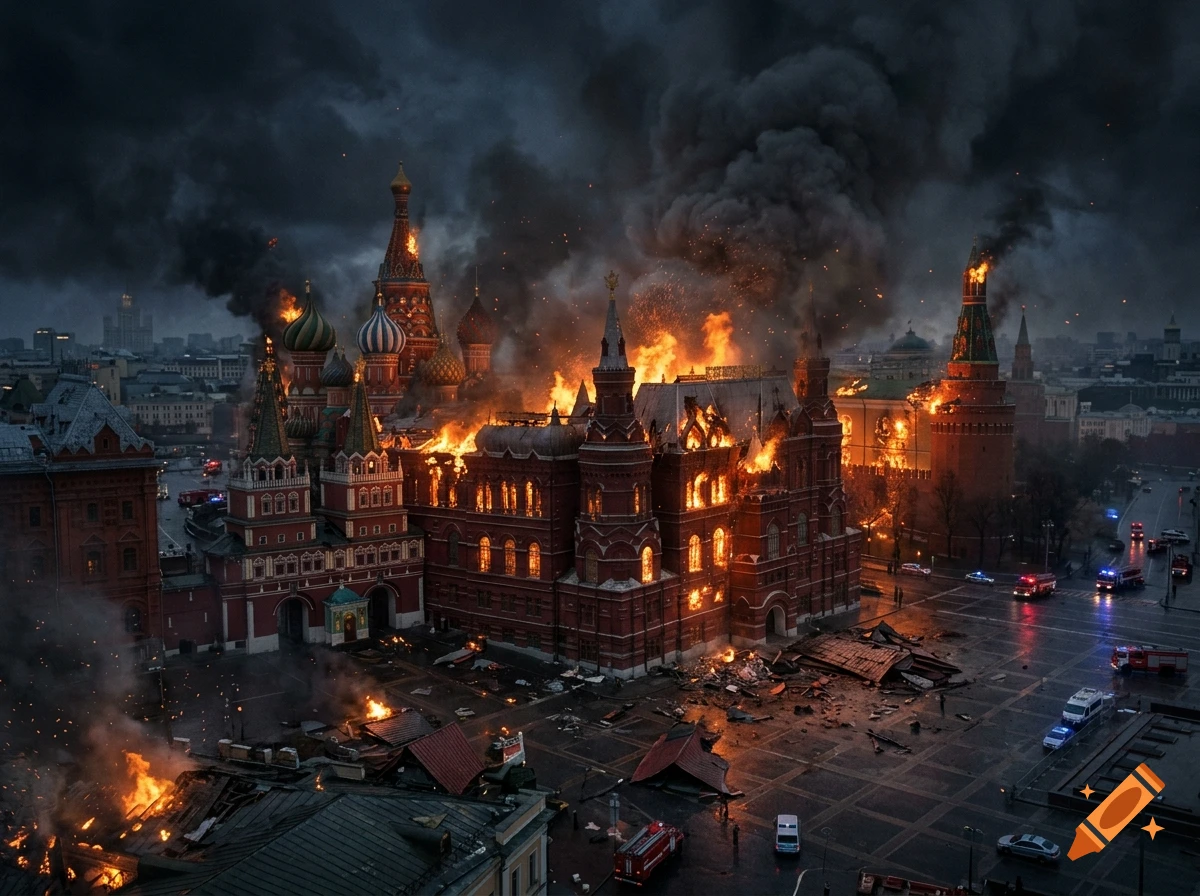 Photorealistic aerial view of St. Basil's Cathedral and surrounding buildings in Moscow engulfed in fire and thick black smoke.