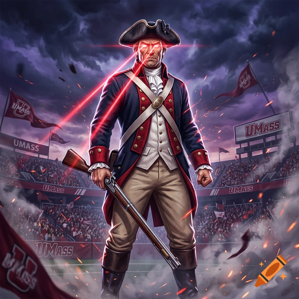 Digital illustration of the UMass Minuteman mascot with glowing red laser eyes in a stadium setting.