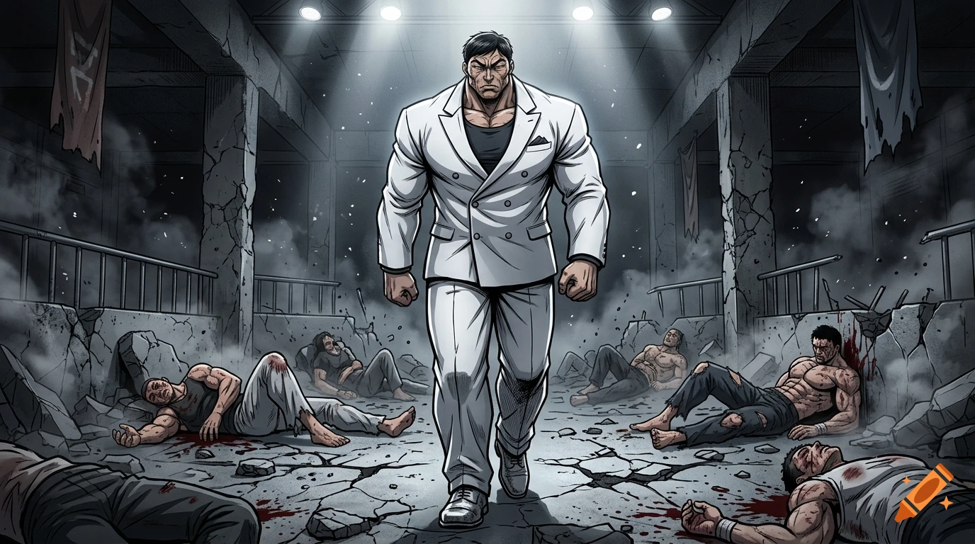 Manhwa style illustration of a muscular man in a white suit walking through a ruined arena filled with defeated fighters.