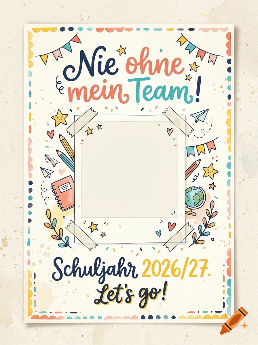 Colorful postcard illustration with hand-drawn style, German text 'Nie ohne mein Team!' and 'Schuljahr 2026/27. Let's go!', framing a blank polaroid photo.