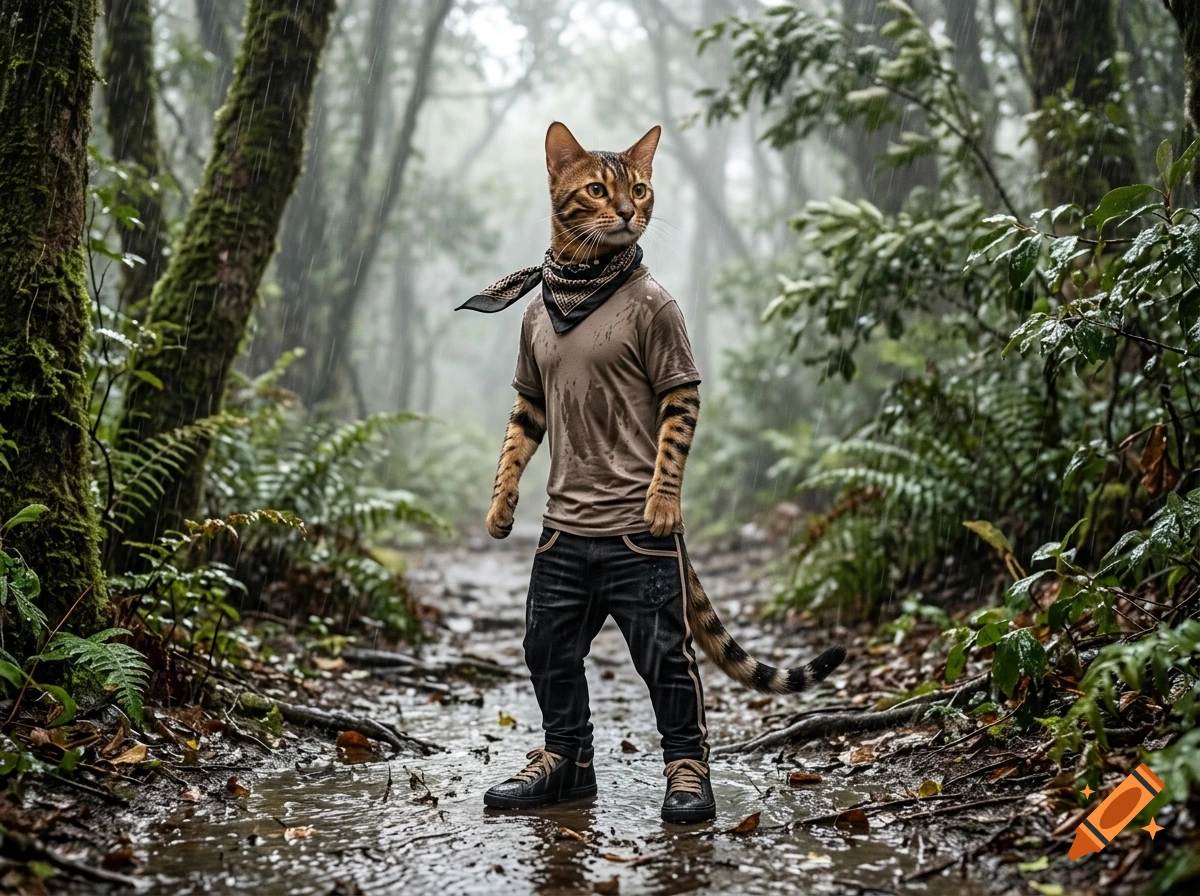 An anthropomorphic bengal cat wearing clothes standing on a rainy forest path, photorealistic.