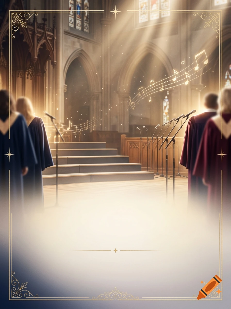 A church choir poster with choir members in robes singing, glowing musical notes, and space for text.