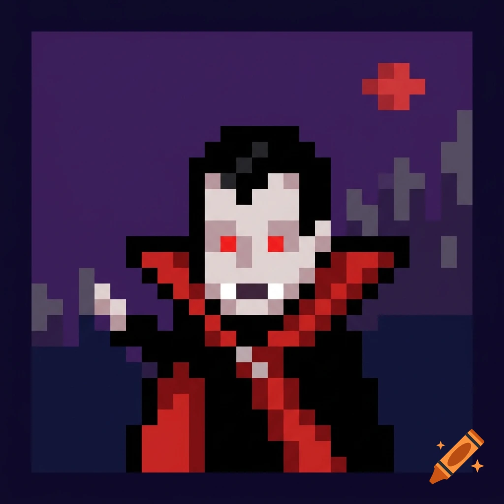 Pixel art of a vampire lord with a red cape and red eyes against a purple night sky.