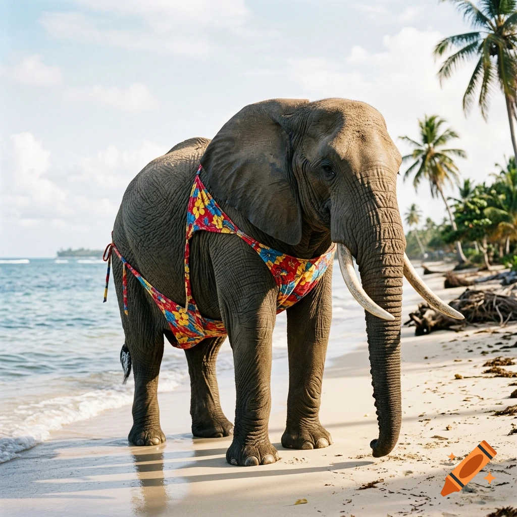 Photorealistic image of an elephant wearing a floral bikini standing on a sandy beach near the ocean.