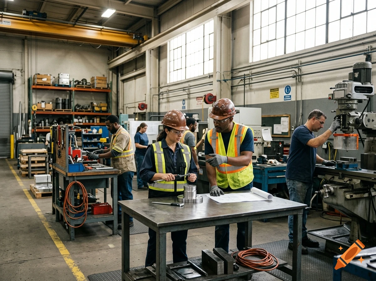 Photorealistic image of diverse workers in a factory setting operating machinery and reviewing blueprints.