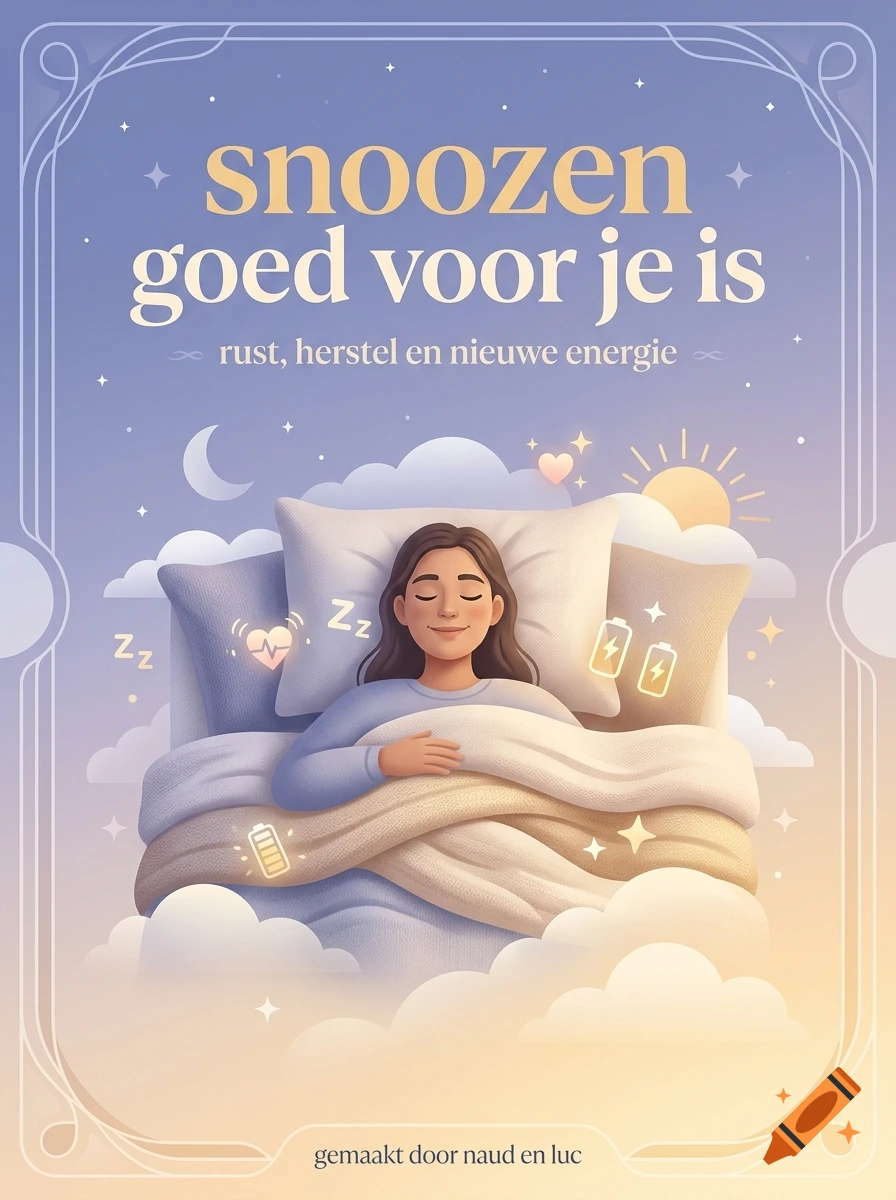 Digital illustration of a woman sleeping peacefully in bed among clouds and stars, with Dutch text above.