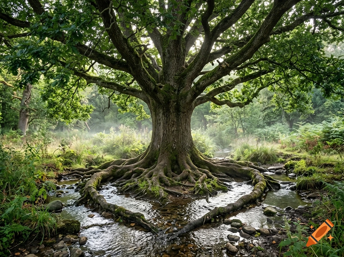 Photorealistic image of a large ancient tree with deep roots forming a heart shape over a flowing stream in a lush green forest.