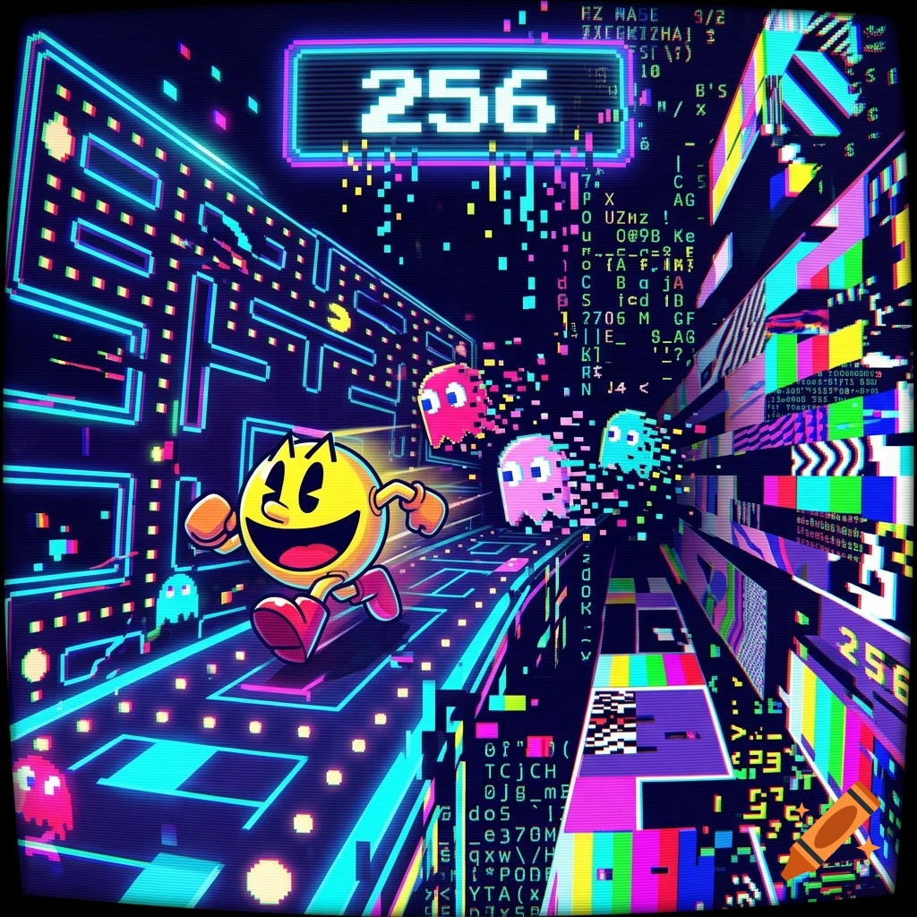 An energetic Pac-Man character runs through a vibrant, glitched neon digital maze pursued by colorful ghosts in this pixel art scene.