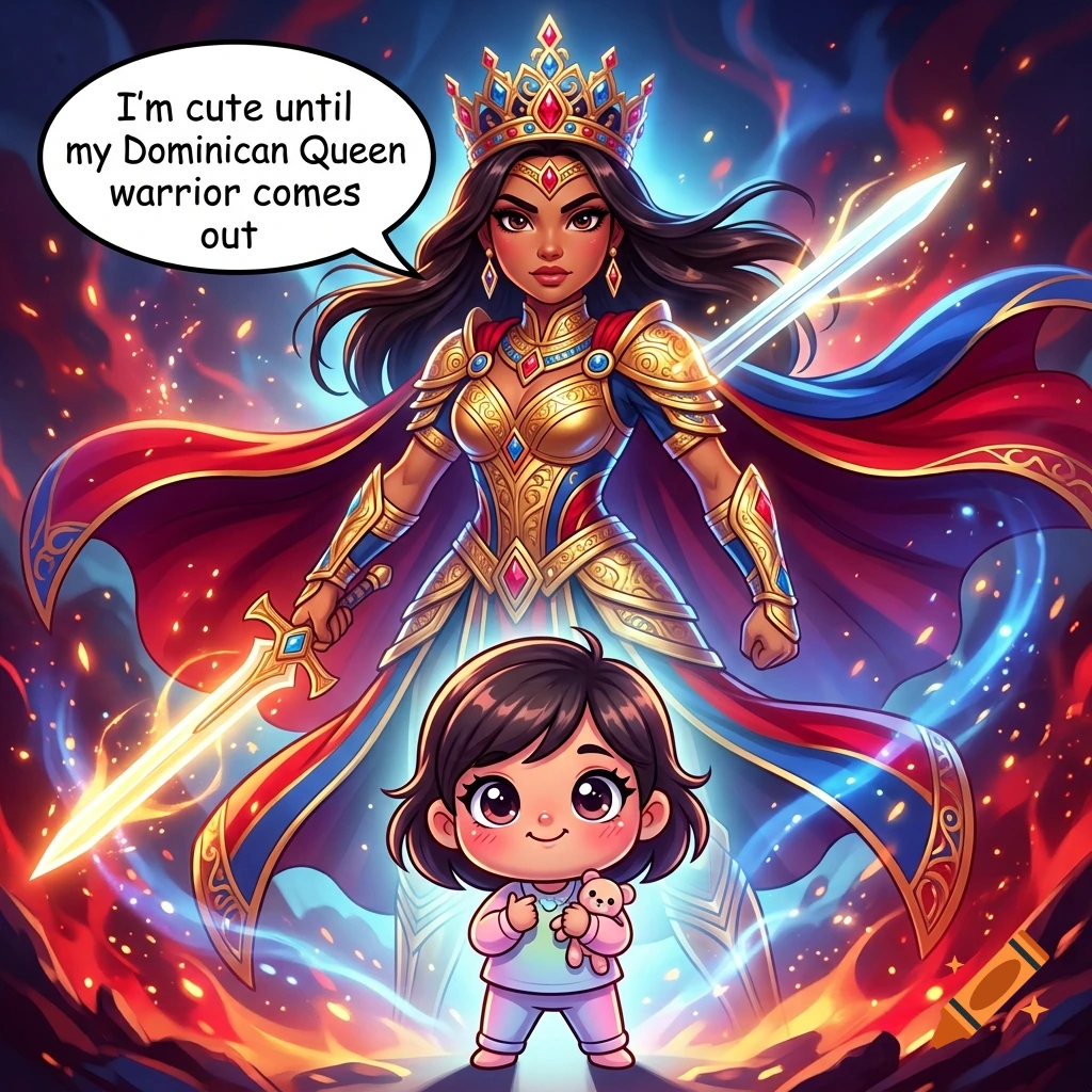 Digital illustration of a cute little girl with a teddy bear, with her powerful Dominican Queen warrior alter ego standing behind her.