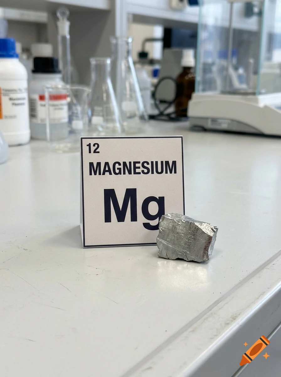 A photorealistic display of a magnesium block on a lab table next to a periodic table card showing its atomic number and symbol.