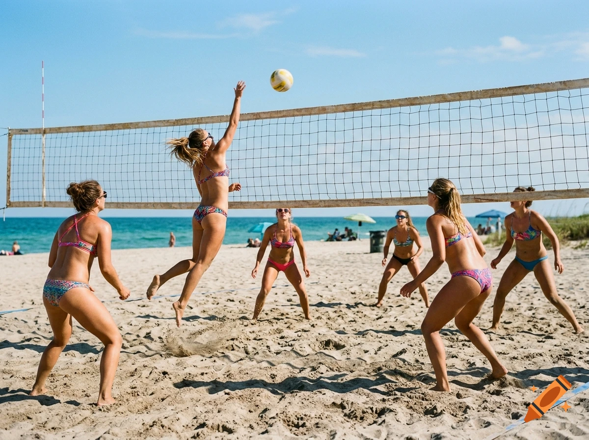 Group of women playing beach volleyball on a sunny beach, photorealistic.