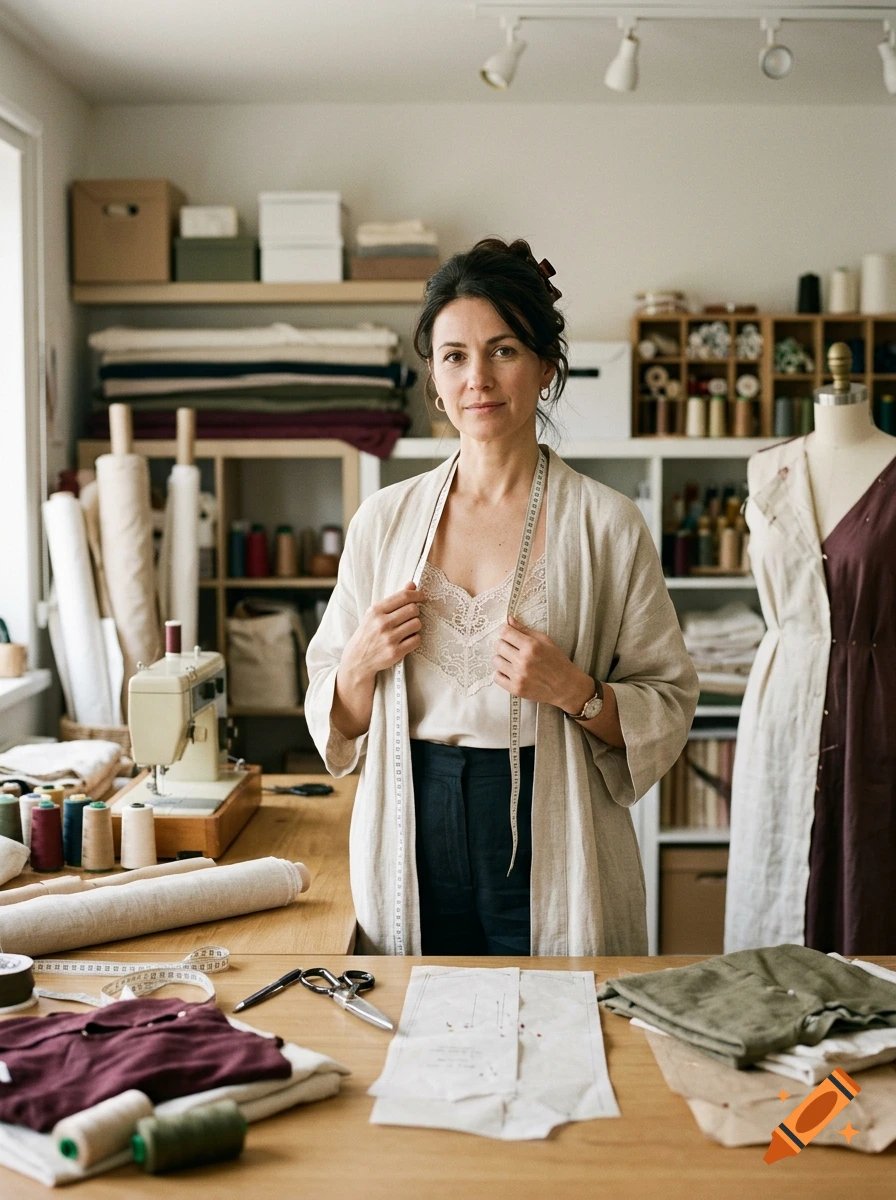 Photorealistic portrait of a female seamstress holding a measuring tape in her workshop.