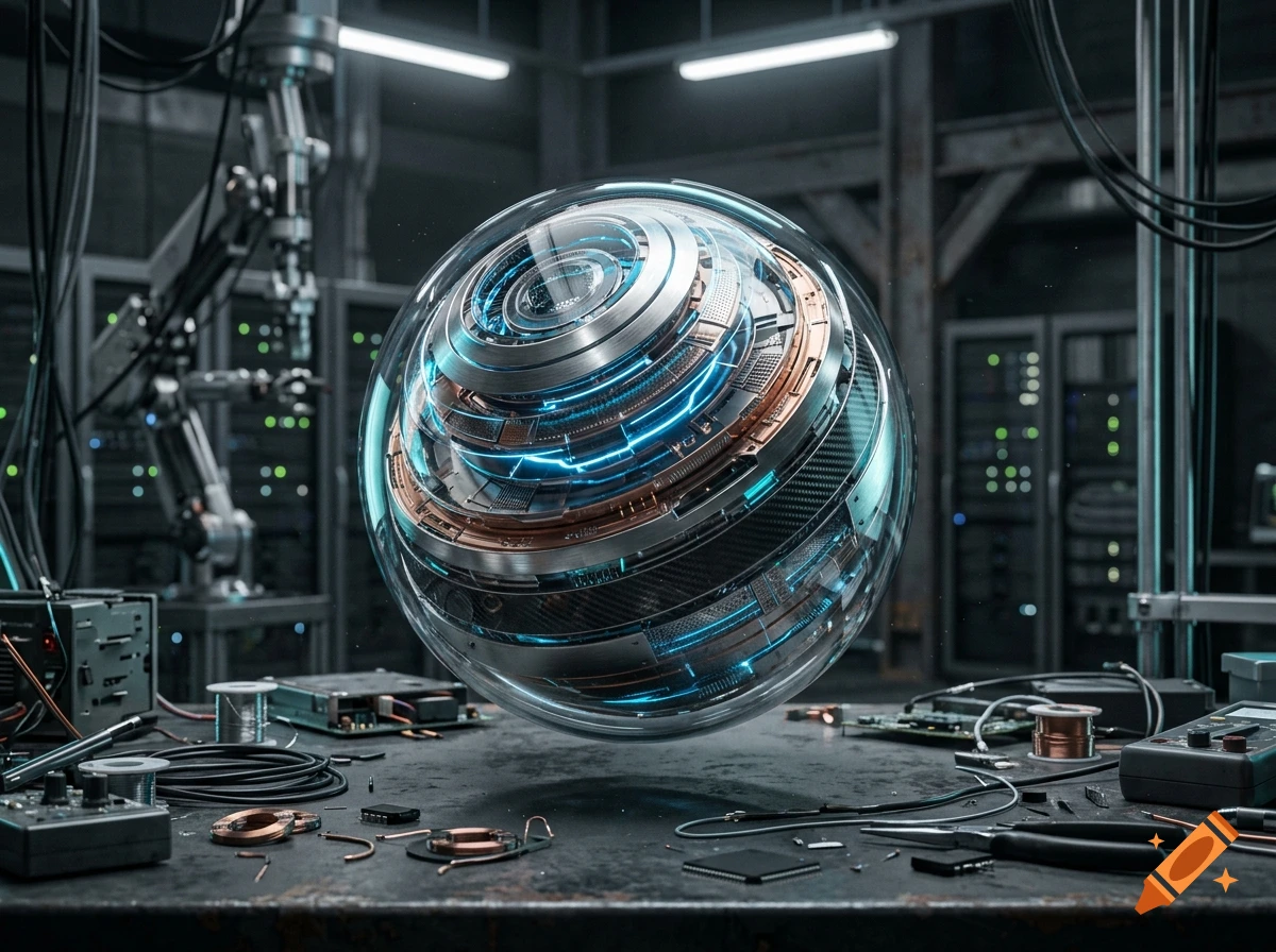 Photorealistic image of a complex futuristic glowing mechanical sphere floating in a high-tech laboratory.