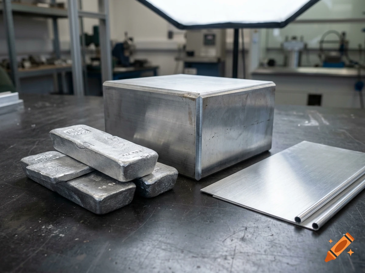 A photograph showing metal ingots, a large rectangular block of metal, and a sheet of metal with tubes on a workbench in a workshop.