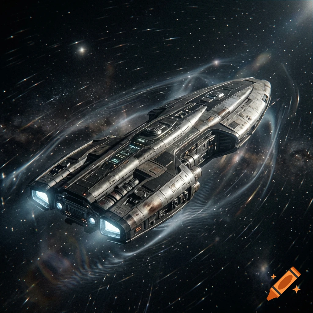 A detailed futuristic spaceship traveling through deep space surrounded by glowing energy rings and stars.