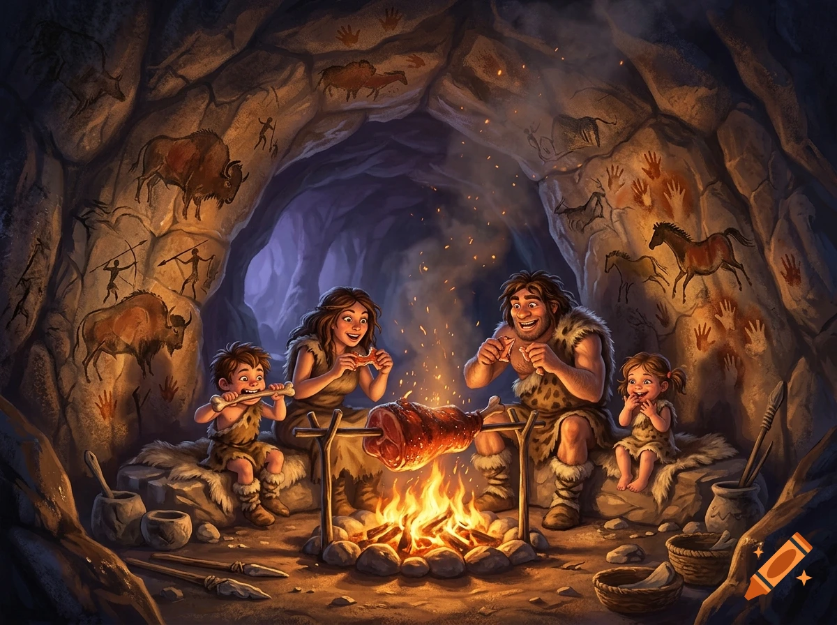 Fantasy illustration of a caveman family with funny expressions cooking meat over a fire in a cave with prehistoric wall paintings.