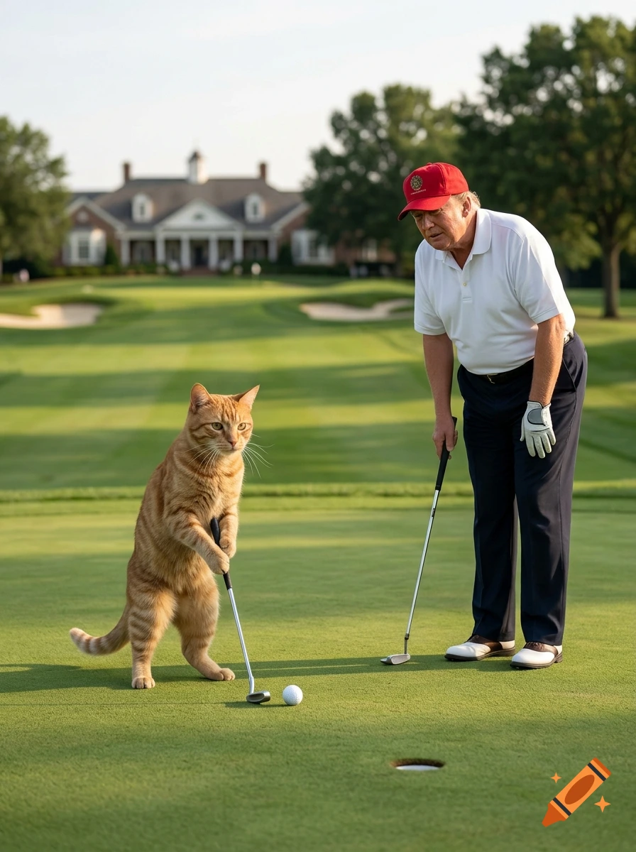 Photorealistic image of a ginger cat standing on its hind legs holding a golf club on a green, with Donald Trump watching.