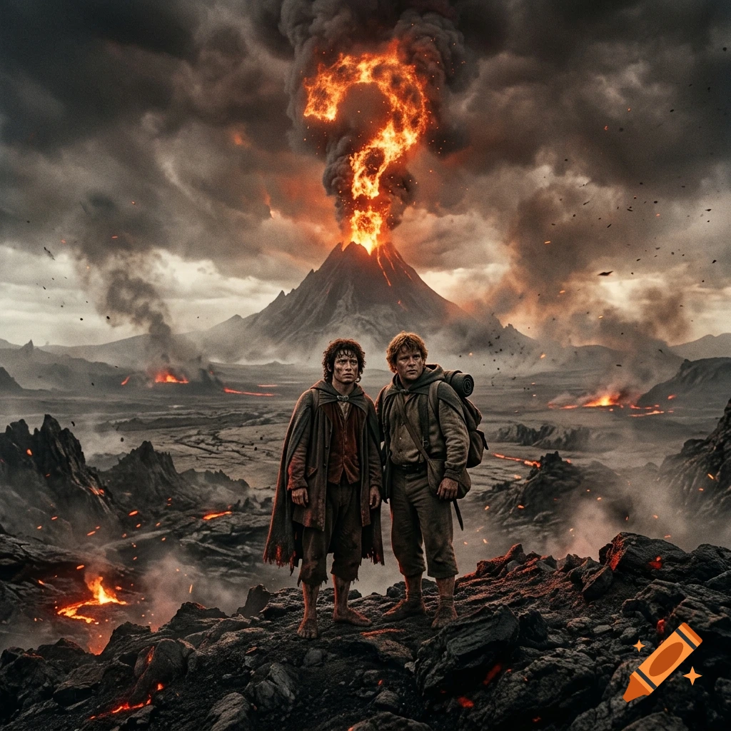 Frodo and Sam stand on a rocky volcanic landscape in Mordor, looking at a fiery question mark rising in smoke from a distant volcano.