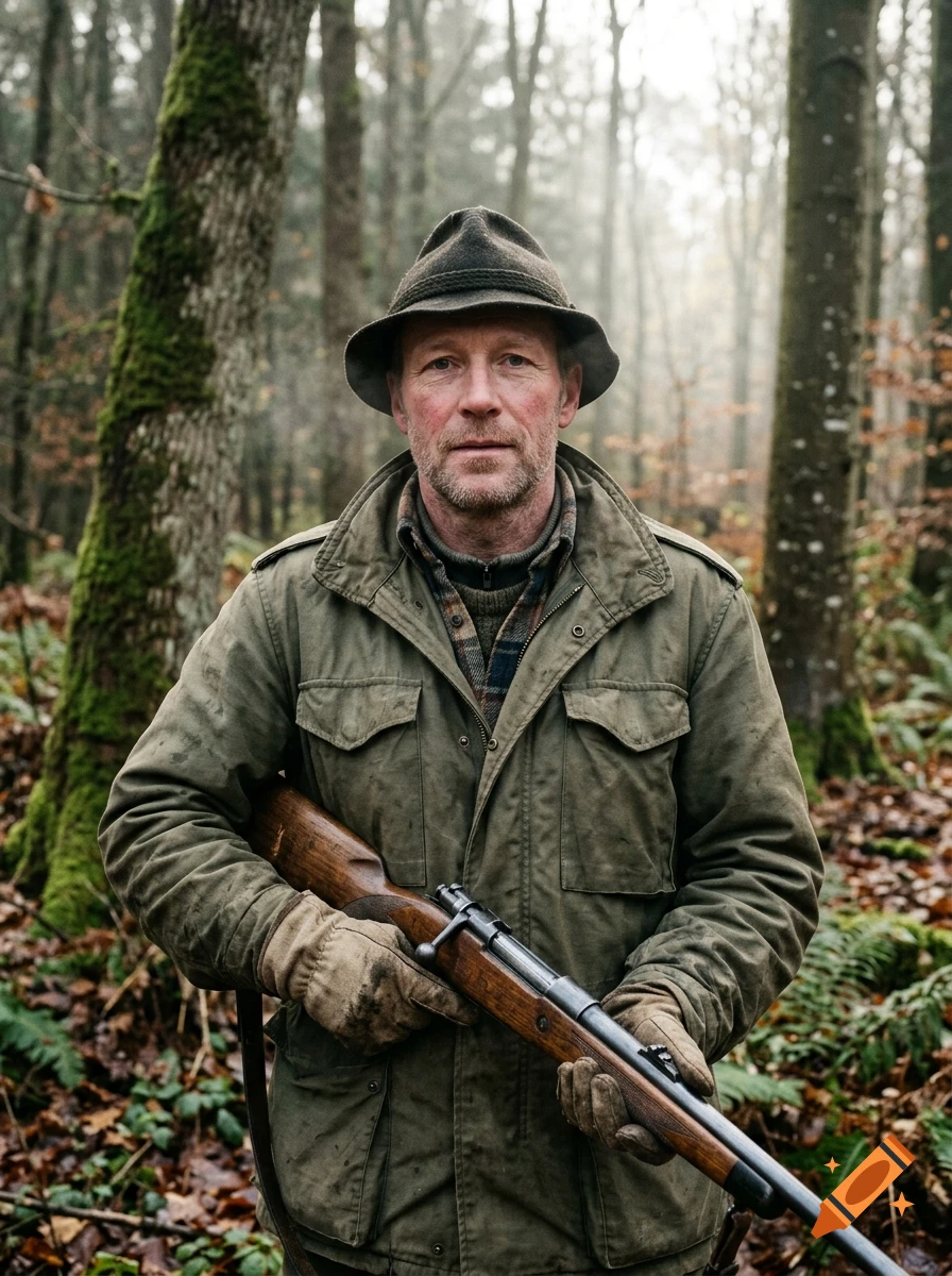 Photorealistic portrait of a hunter wearing a green jacket and hat in a forest, holding a rifle.