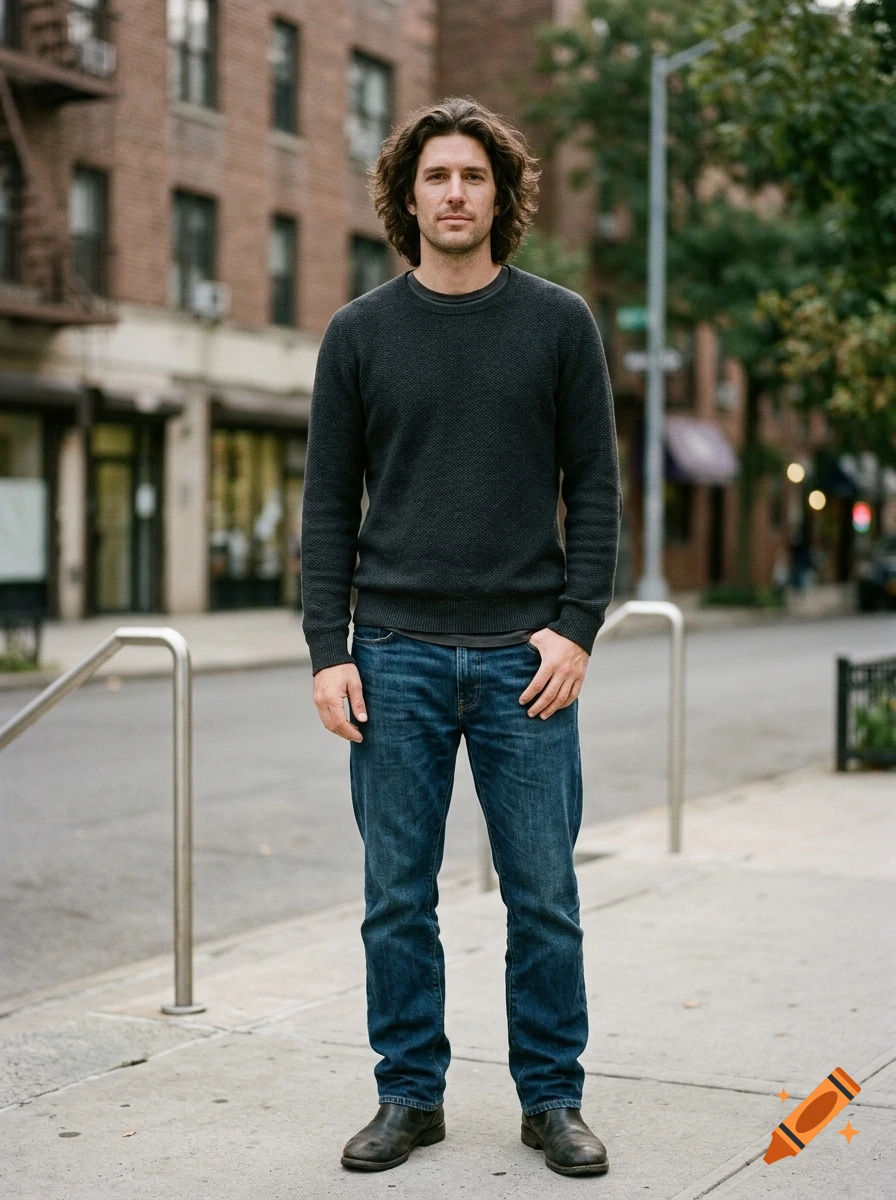 Photorealistic full-body portrait of a man with dark wavy hair standing on a city sidewalk wearing a dark sweater and jeans.