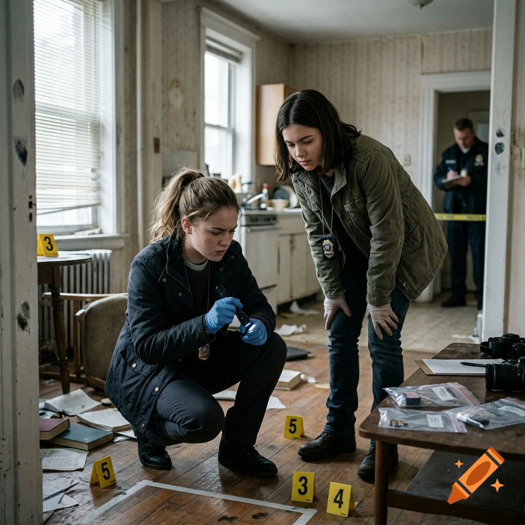 Photorealistic scene of two female detectives investigating a messy room with evidence markers on the floor.