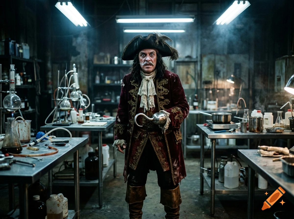 Captain Hook in a gritty underground laboratory surrounded by glassware and science equipment, cinematic photorealistic style.