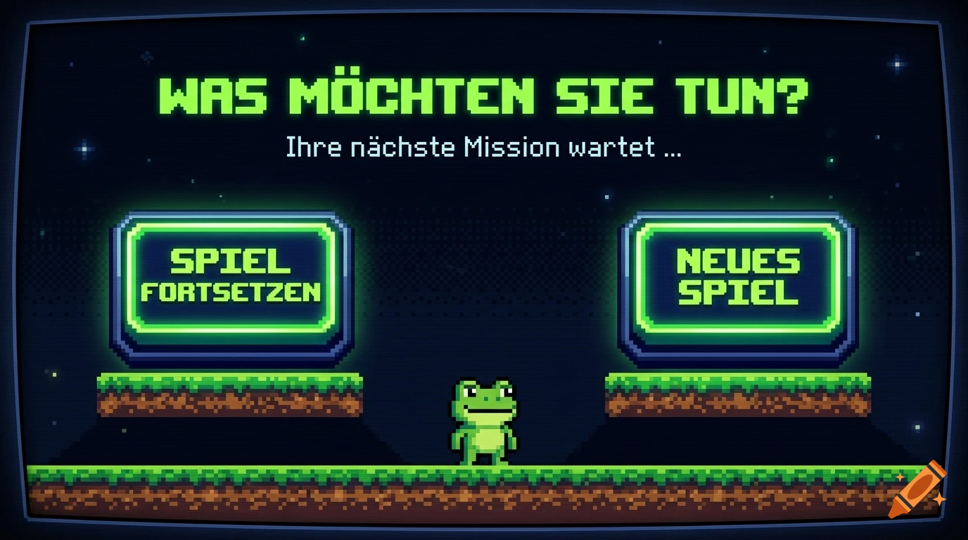 Retro pixel art video game menu screen featuring a green frog between two buttons reading 'Spiel fortsetzen' and 'Neues Spiel'.