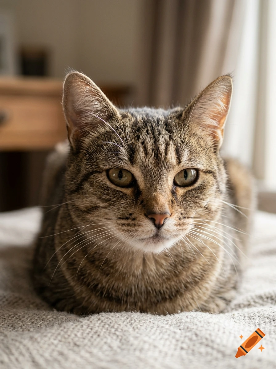A close-up photograph of a brown tabby cat resting on a bed, looking directly at the camera with a calm expression.