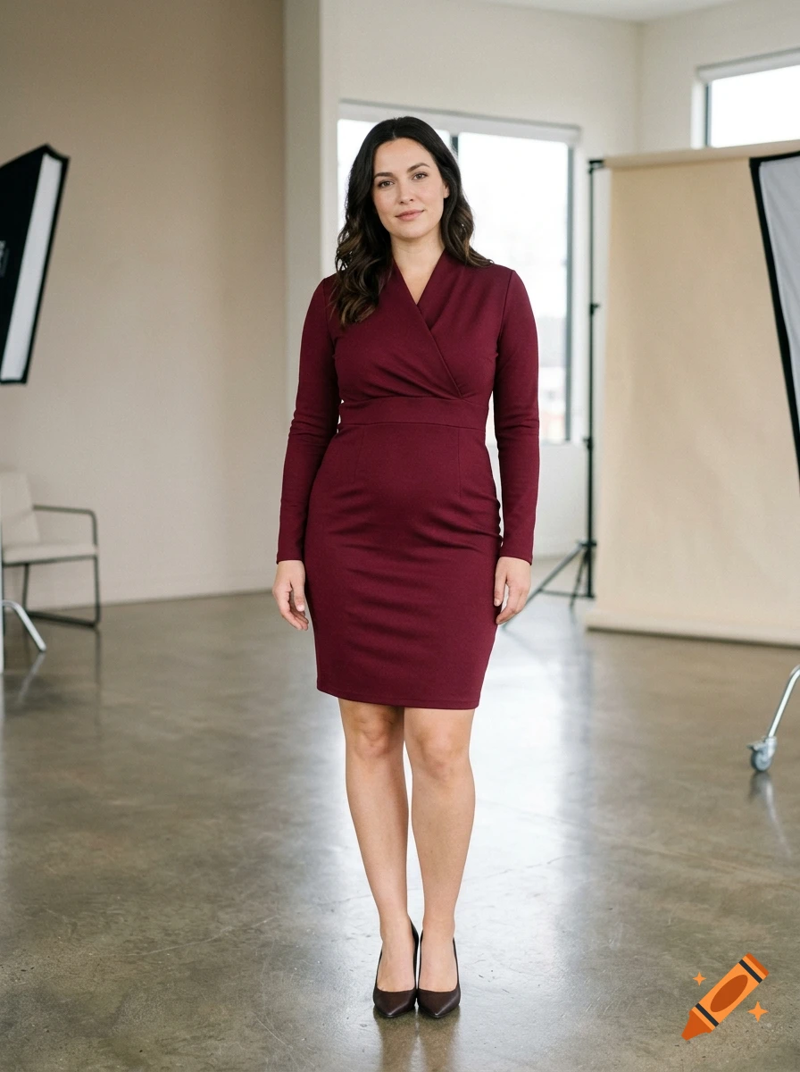 Photorealistic full-body portrait of a woman standing in a studio wearing a long-sleeved burgundy wrap dress.