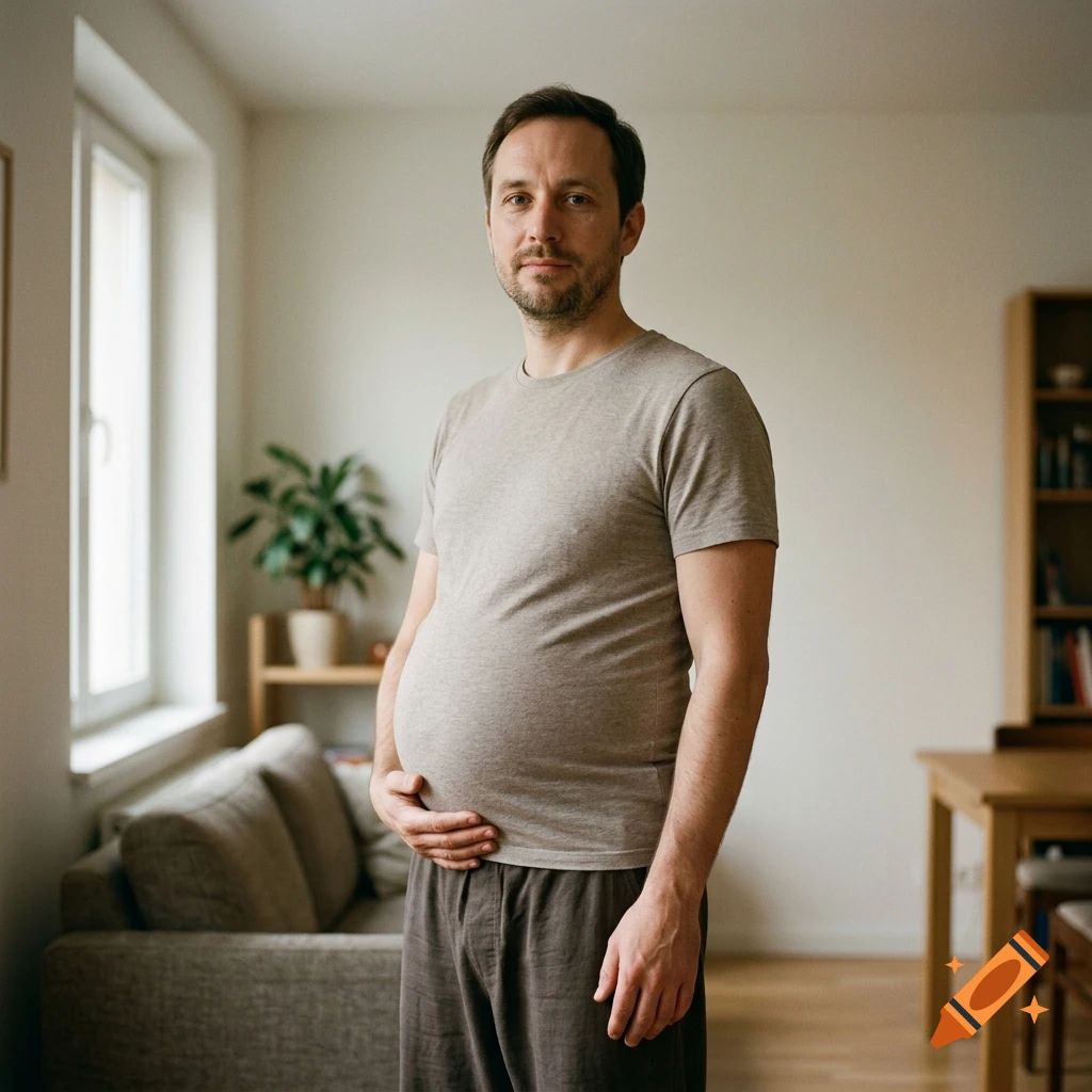 Photorealistic portrait of a pregnant man standing in a living room, holding his belly.