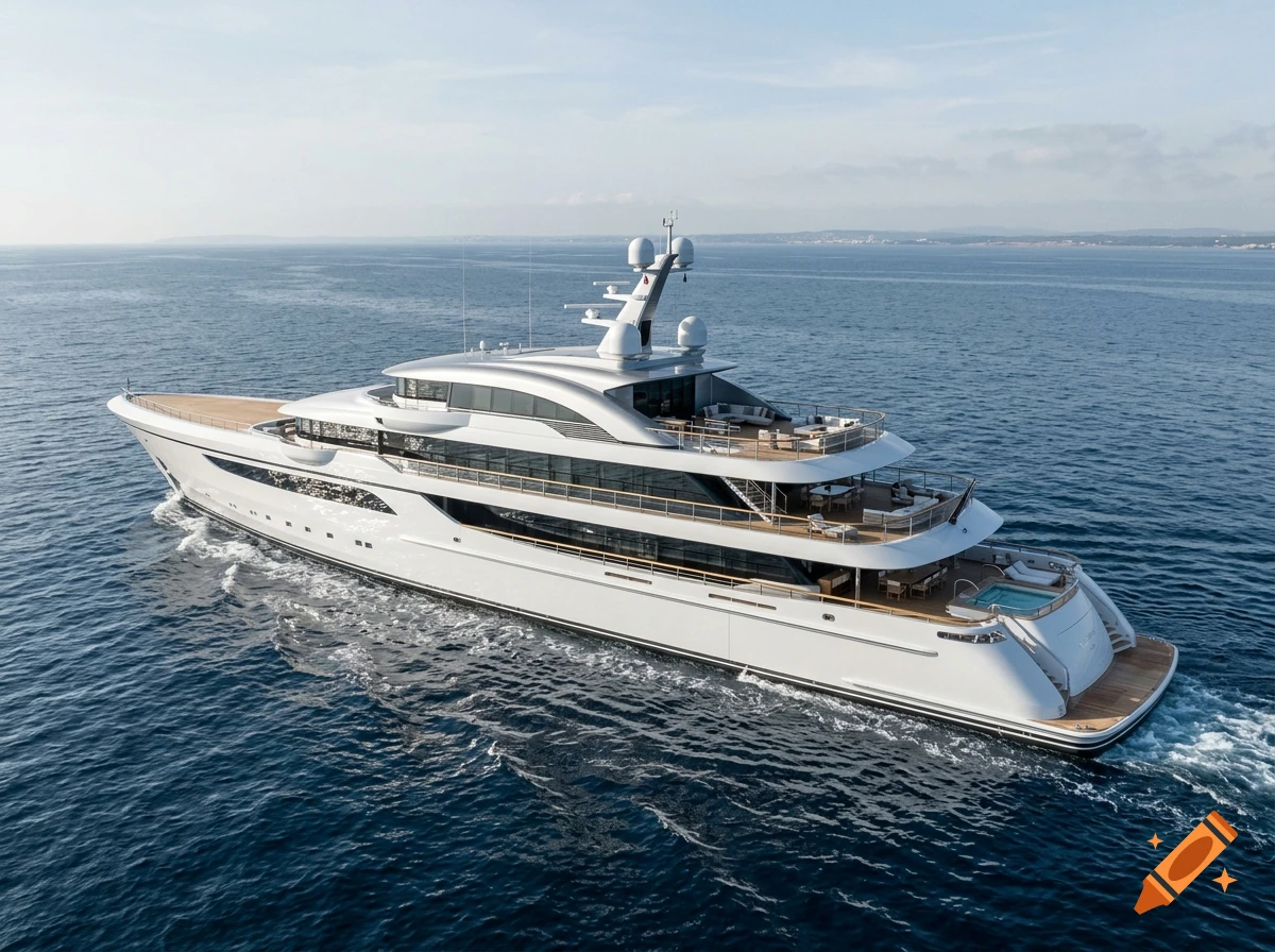 Aerial view of a large white modern luxury yacht cruising calmly on blue ocean water.
