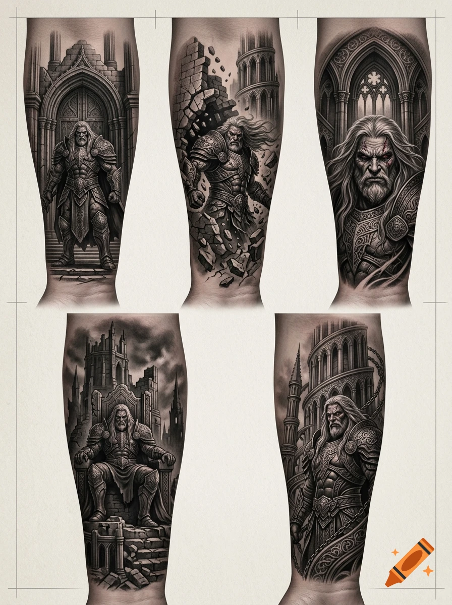 Five black and grey realism tattoo designs on forearms featuring the character Baium from Lineage 2 and the Tower of Insolence.