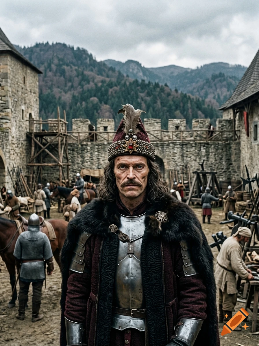 A medieval warlord with a feathered cap and fur-trimmed cloak stands in a fortress courtyard with mountains in the background.