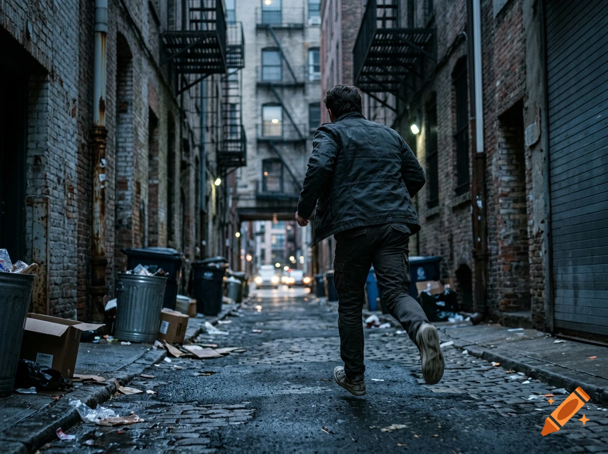 Photorealistic shot of a man running away down a narrow urban alleyway between brick buildings, littered with trash cans and debris.
