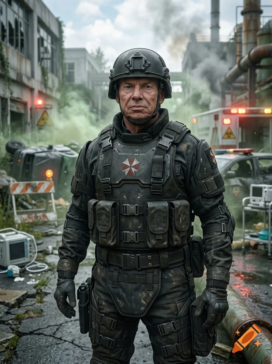 A tactical soldier in heavy black armor and a helmet stands outdoors amid industrial ruins, smoke, and emergency vehicles.