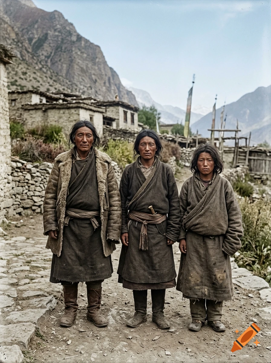 Three Tibetan men and youths in traditional wool robes standing on a stone path in front of mountain village houses.