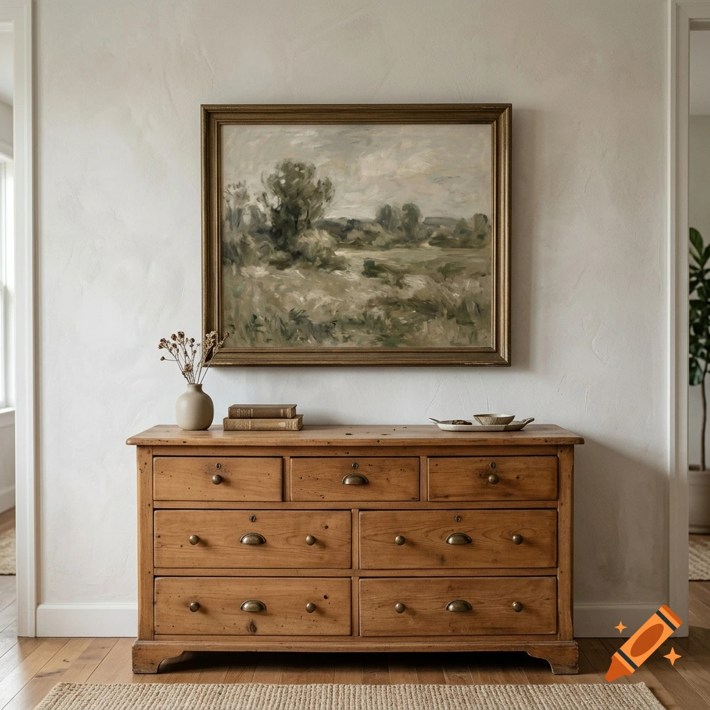 Photorealistic interior view of a rustic wooden dresser with a landscape painting hanging above it.