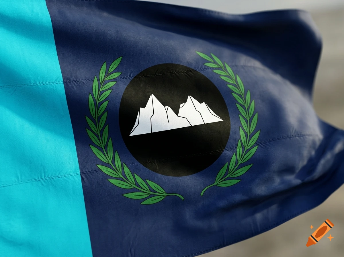 A fluttering flag featuring a turquoise vertical stripe on the left, a dark blue background, a central black circle framing two white icebergs, and green laurel branches.