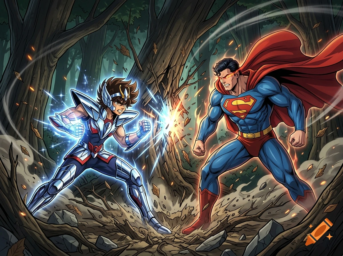 Pegasus Seiya in armor fighting Superman in a forested clearing, comic book illustration style.