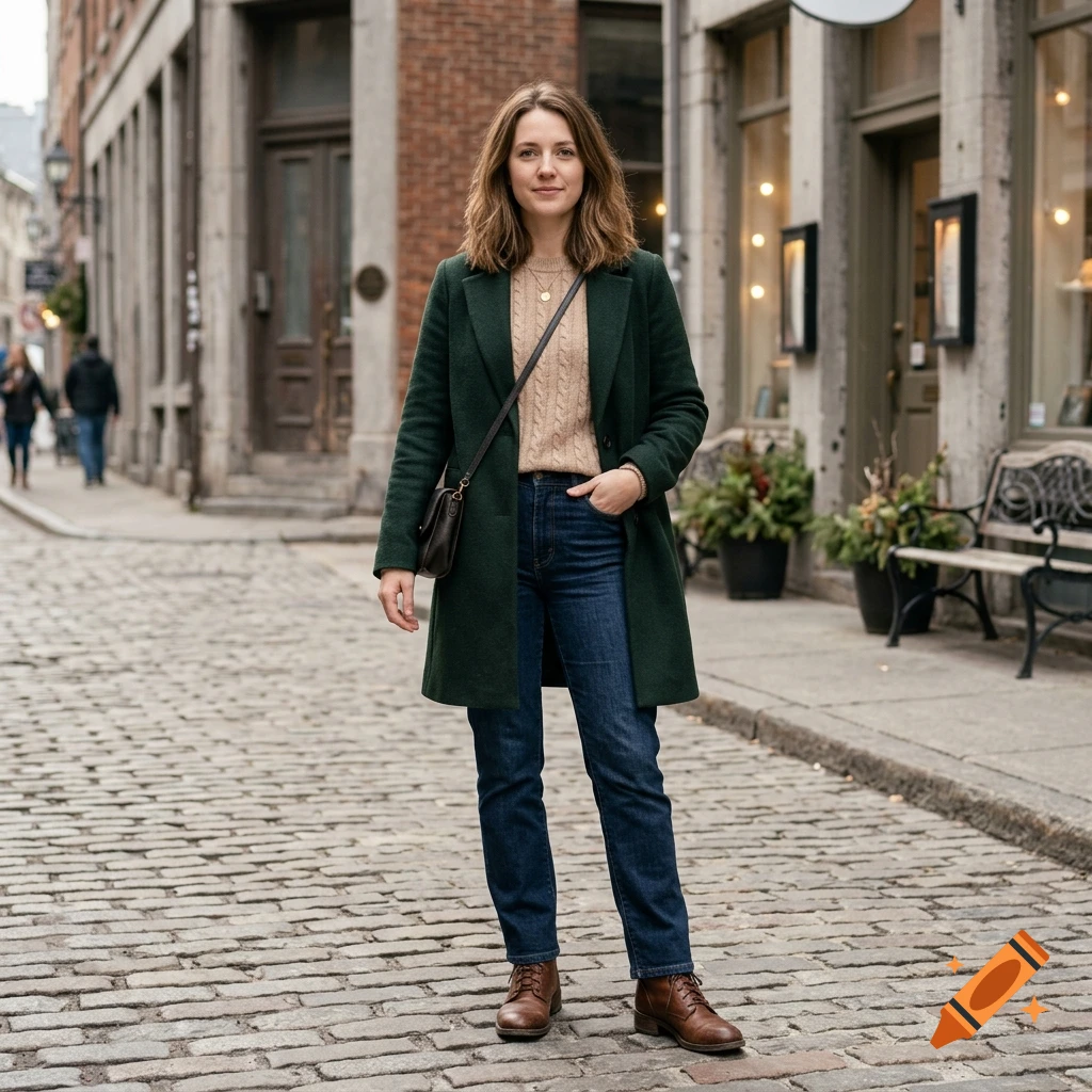 Full-length photorealistic portrait of a woman wearing a dark green coat, beige sweater, and jeans on a cobblestone street.