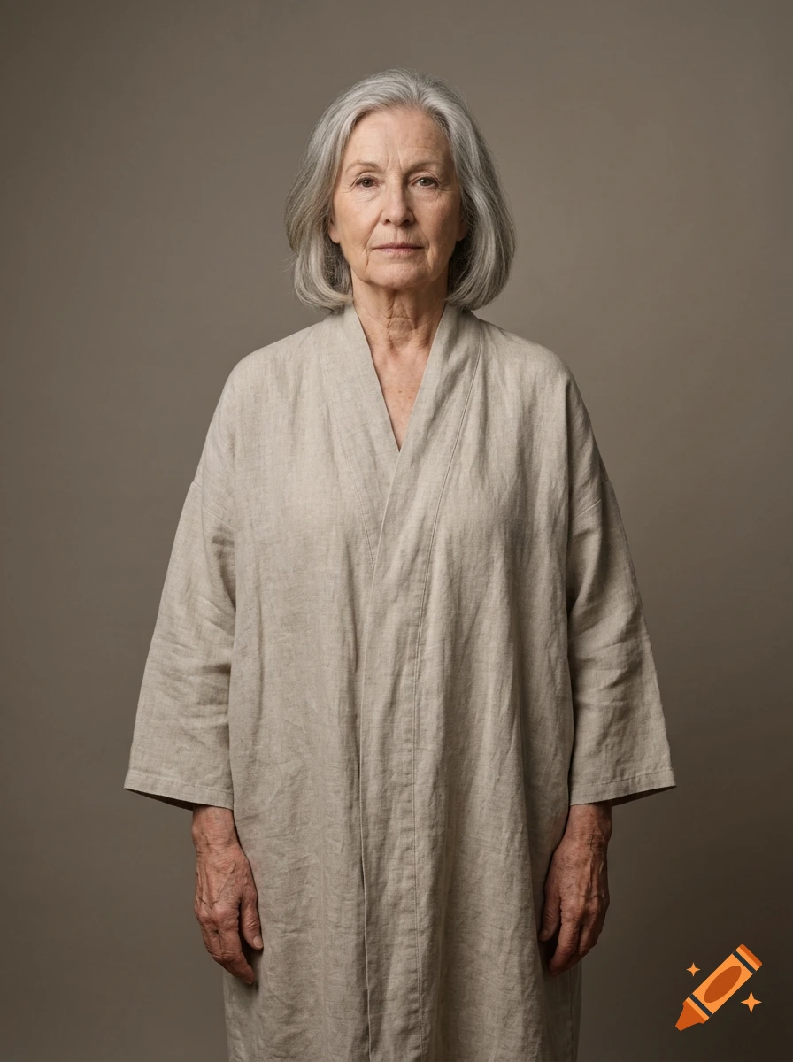Photorealistic portrait of an elderly woman with short gray hair, wearing a beige robe, standing against a neutral background.