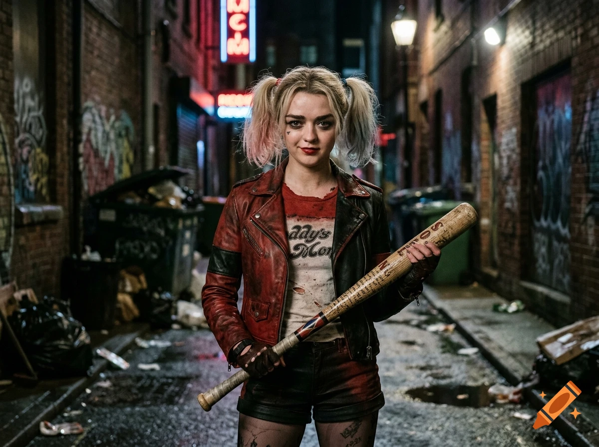 Photorealistic portrait of Maisie Williams dressed as Harley Quinn, holding a baseball bat in a gritty alleyway.