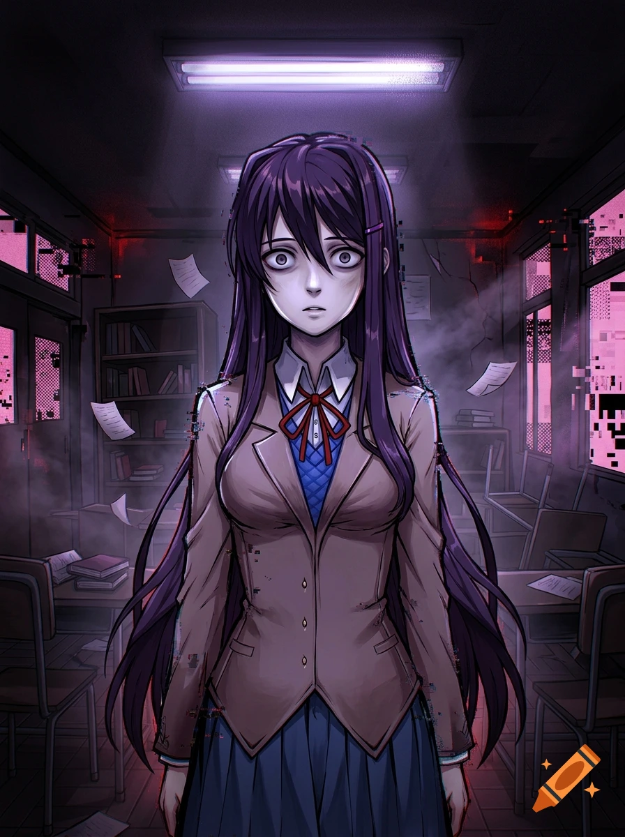 An anime-style illustration of Yuri from Doki Doki Literature Club standing in a dark, glitching classroom with purple lighting and floating papers.
