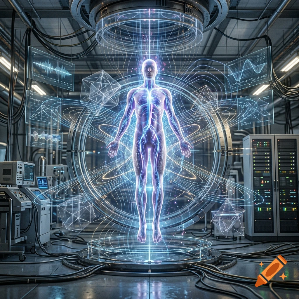 A glowing holographic human figure levitating inside a futuristic technological chamber with complex energy rings and scientific displays.