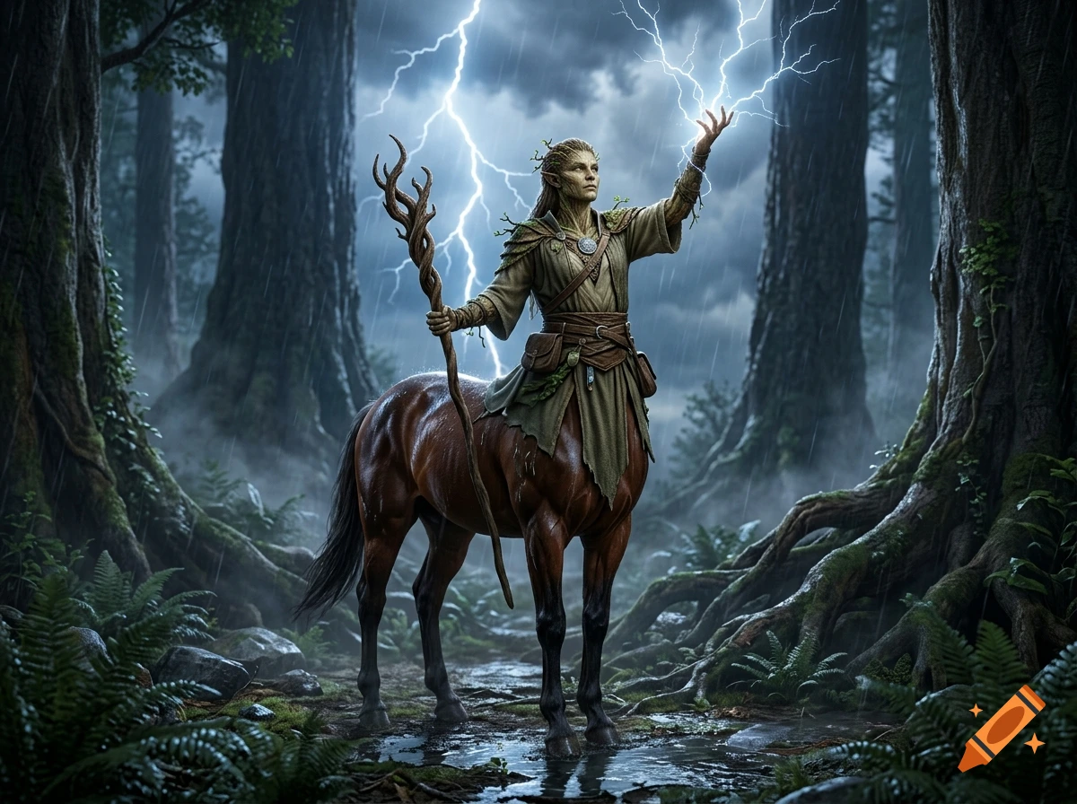 A centaur holding a wooden staff summons lightning in a dark, rainy forest.