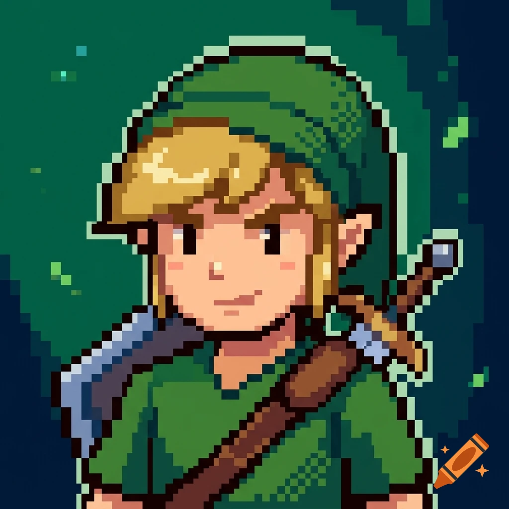 Pixel art of Link from Zelda with a green cap and tunic, carrying a sword and shield.