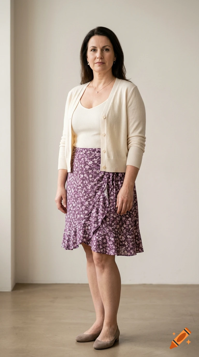 Full-body photorealistic portrait of a 42-year-old woman standing indoors wearing a cream cardigan, ivory ribbed tank top, and purple floral wrap skirt.