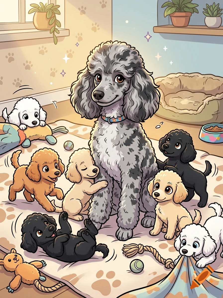 An adult poodle surrounded by its playful puppies of various colors in a cozy room.