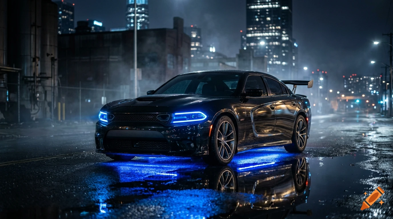 A sleek black Dodge Charger parked on a wet city street at night, illuminated by blue headlights and underglow.