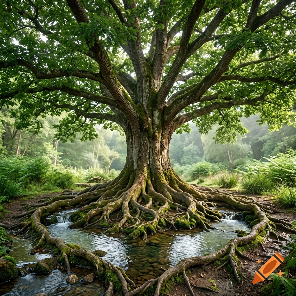 Photorealistic image of a large, lush green tree with roots forming a heart shape over a flowing stream in a forest.